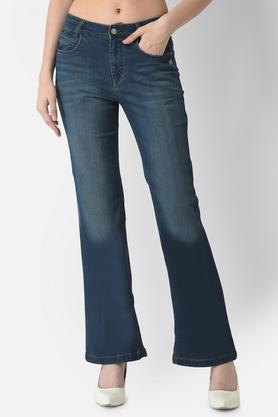 mid wash cotton blend bootcut fit women's jeans - blue