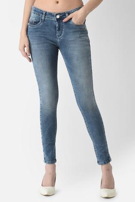 mid wash cotton blend skinny fit women's jeans - blue