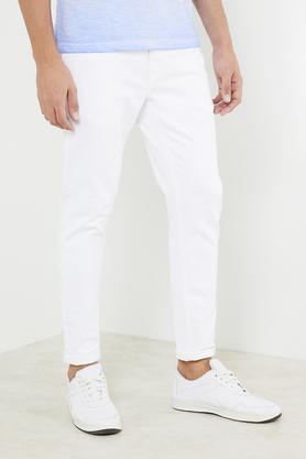 mid wash cotton lycra tapered fit men's jeans - white