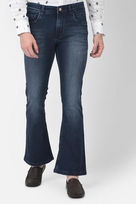 mid wash cotton polyester fleece bootcut fit men's jeans - blue