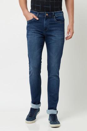 mid wash cotton polyester fleece slim fit men's jeans - blue