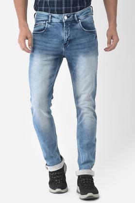 mid wash cotton polyester fleece slim fit men's jeans - blue