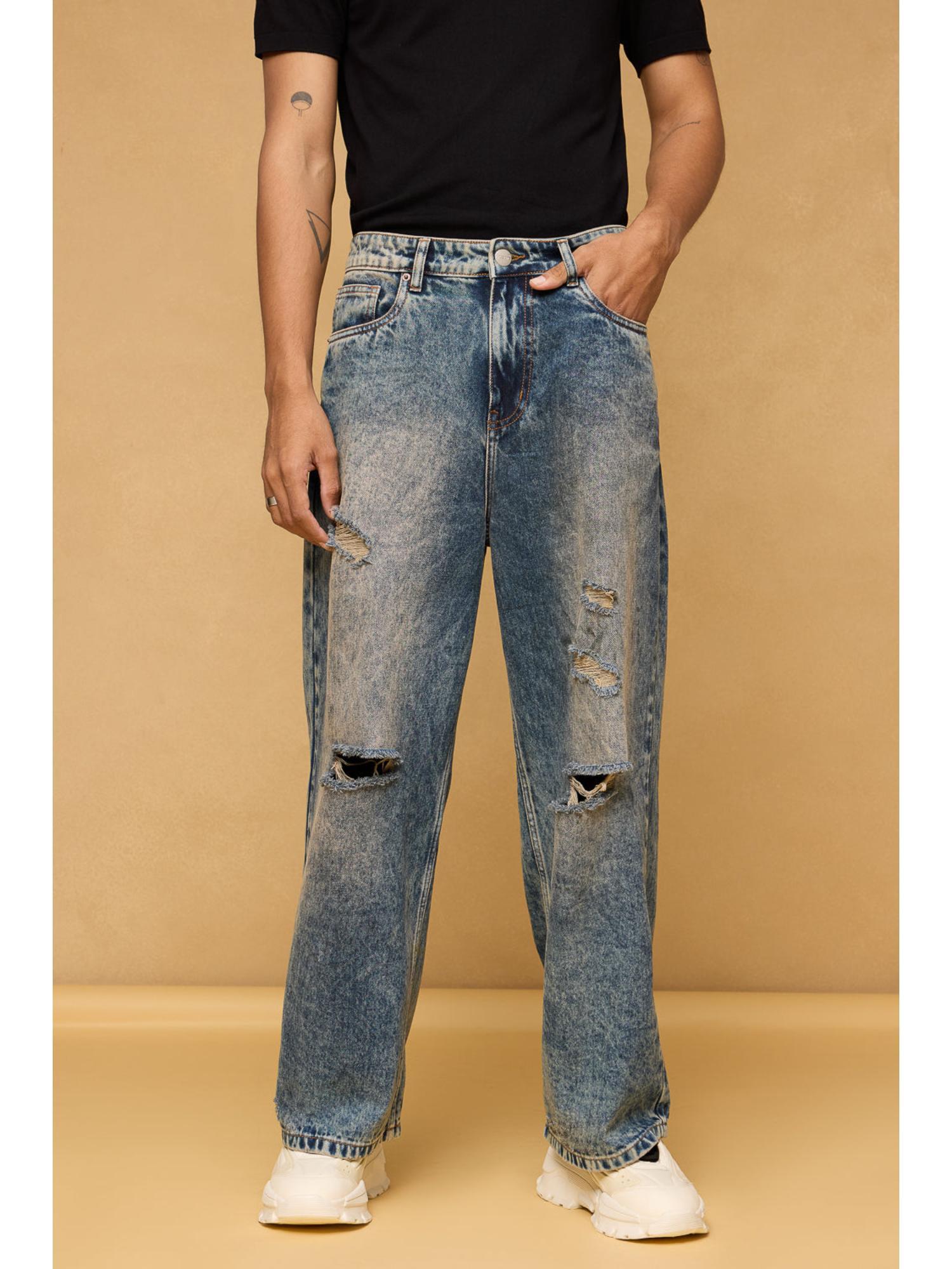 mid blue acid wash ripped men's wide leg jeans