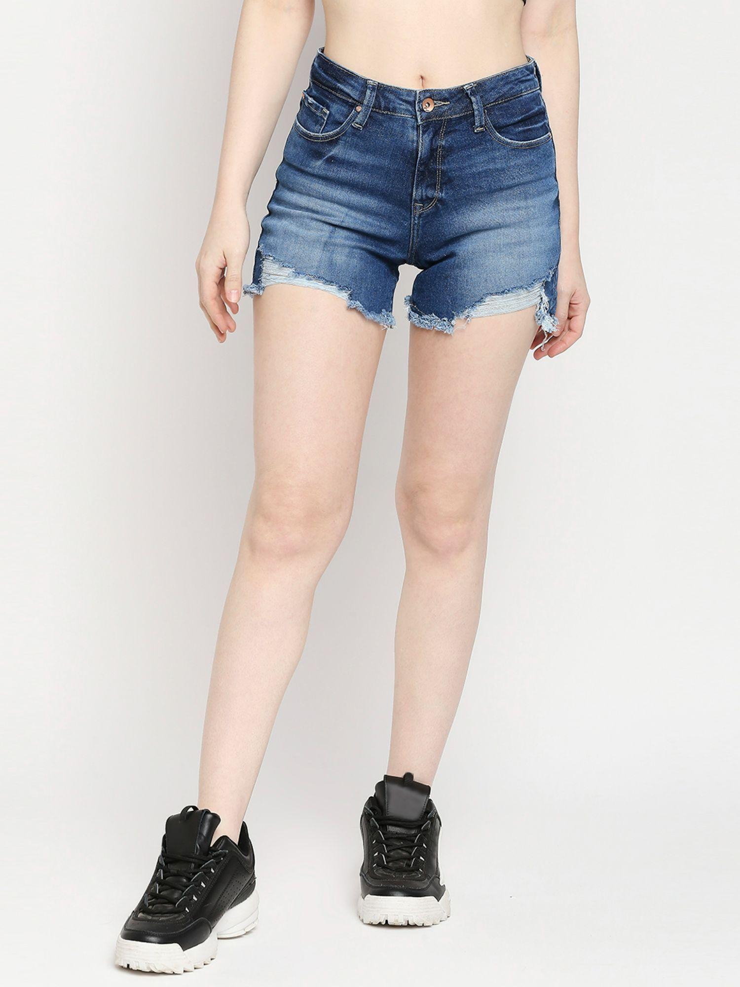 mid blue cotton regular fit denim shorts for women