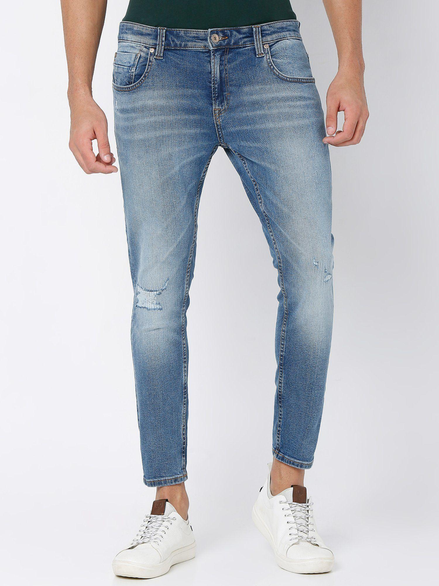 mid blue cotton slim fit tapered length jeans for men (kano)