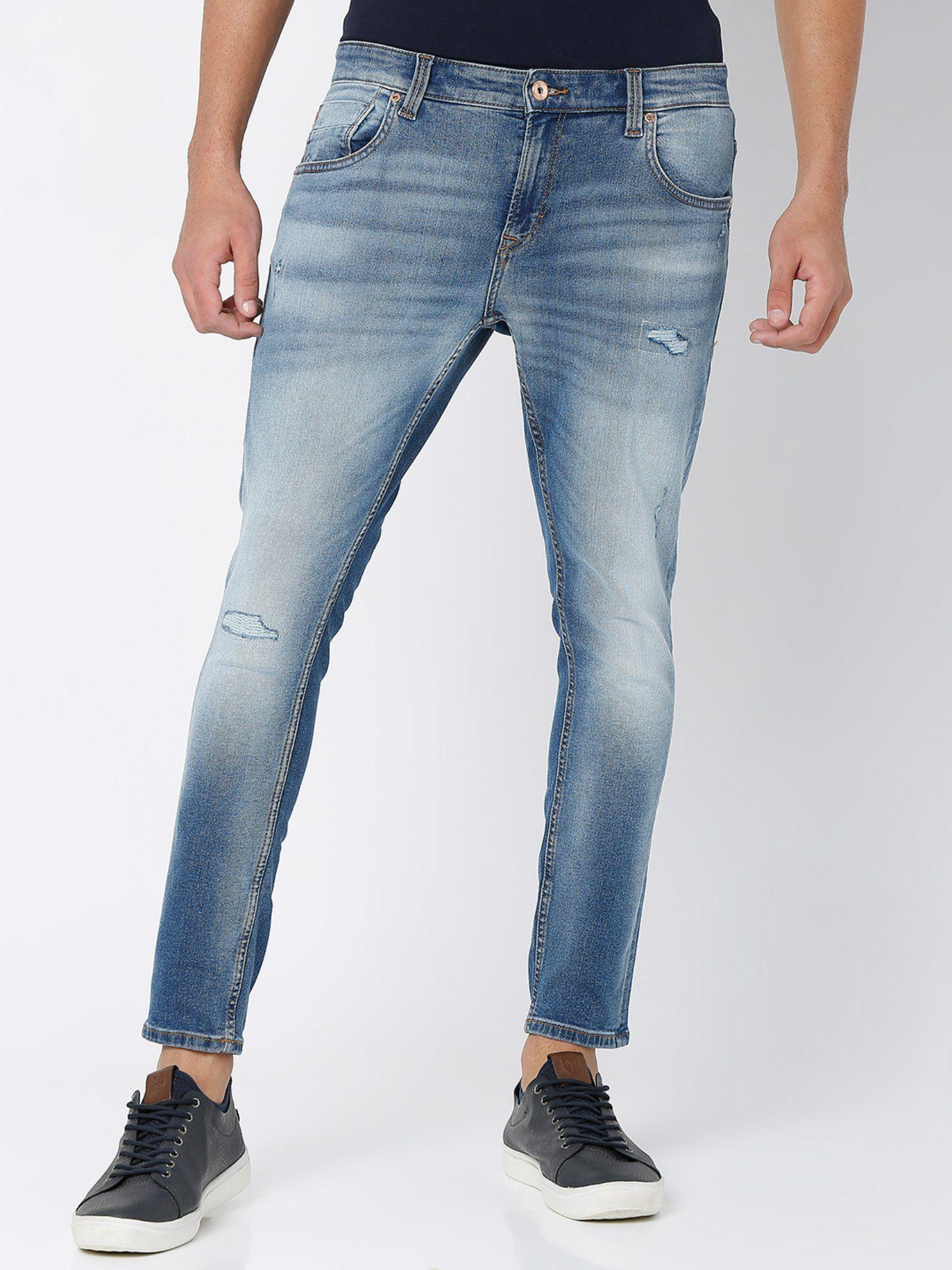 mid blue cotton slim fit tapered length jeans for men (kano)