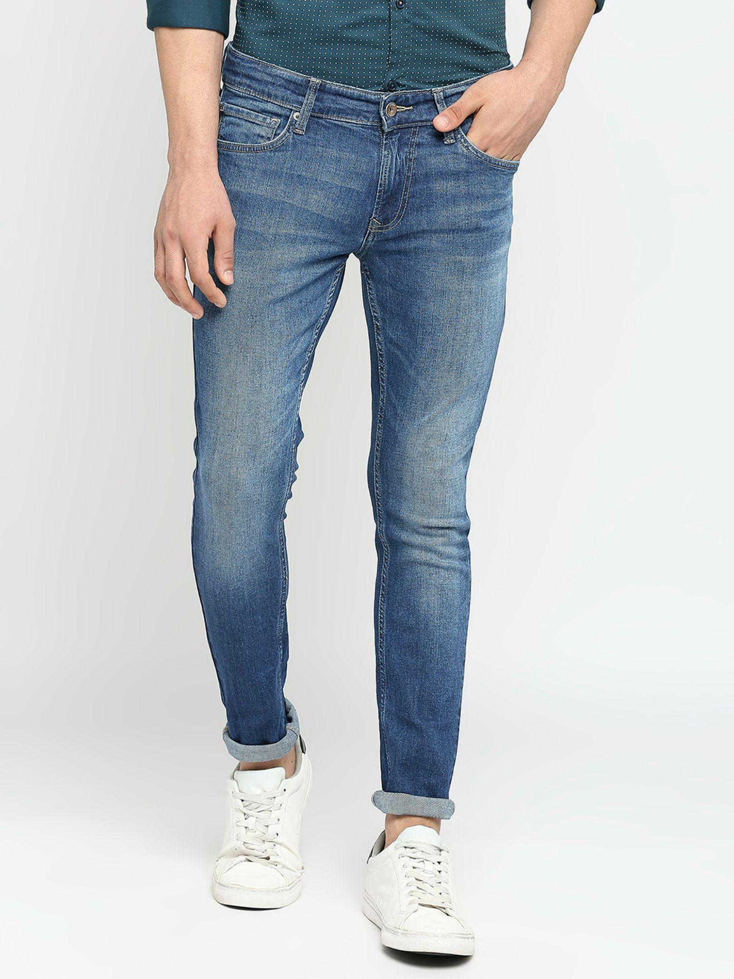 mid blue cotton super slim fit tapered length jeans for men (super skinny)