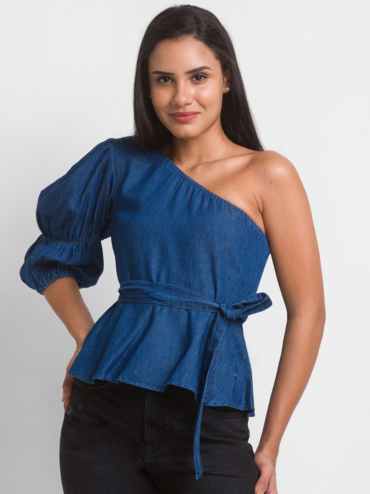 mid blue cotton three-fourth sleeve denim top for women