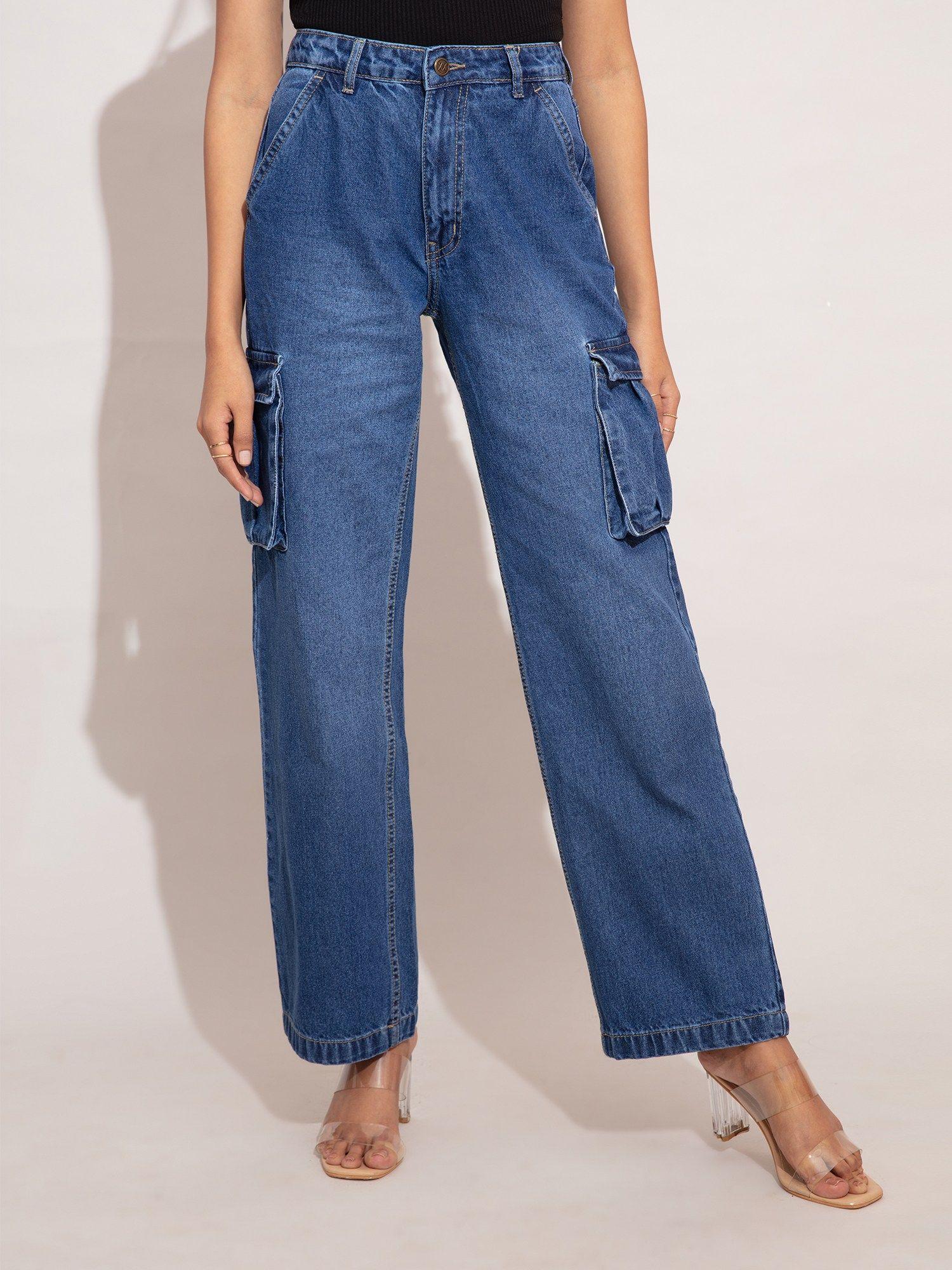 mid blue high waist baggy cargo denim