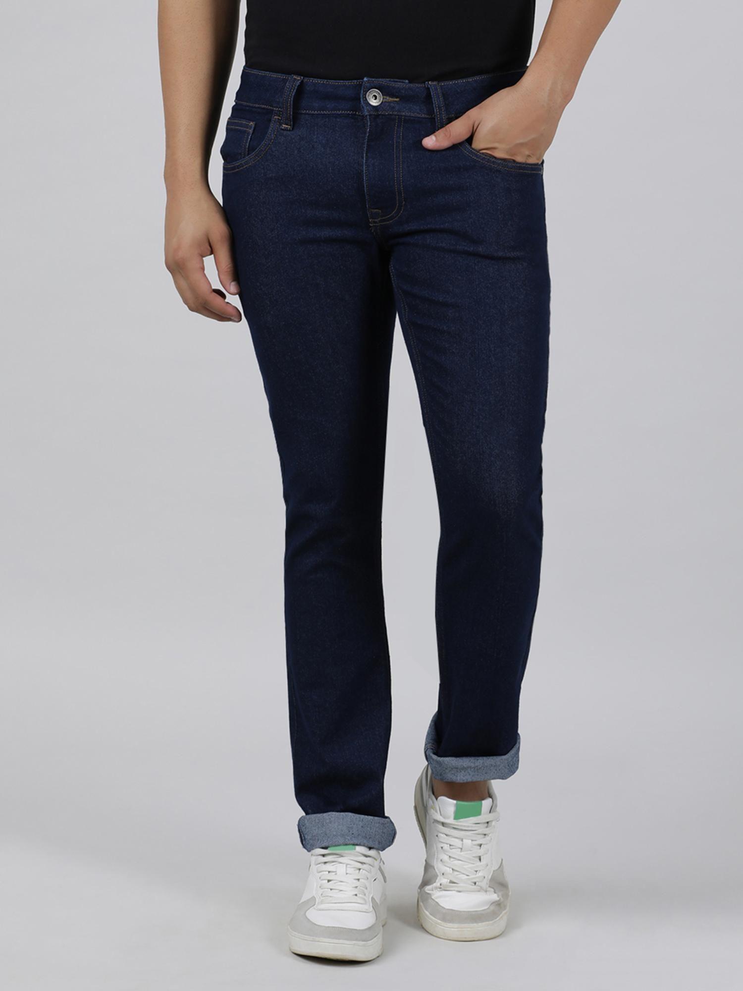 mid blue solid mid rise casual slim fit jeans