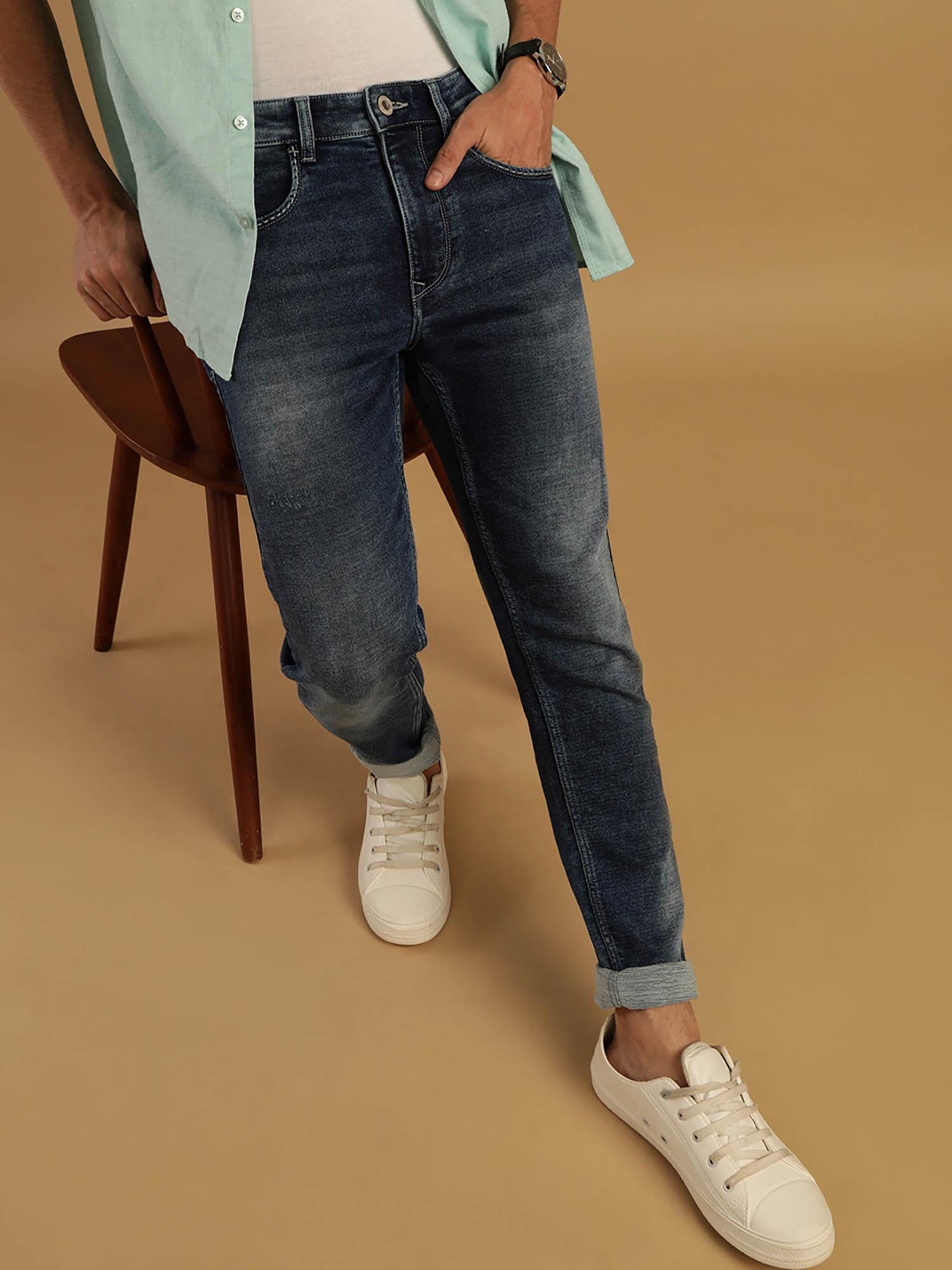 mid blue solid mid rise casual slim jeans