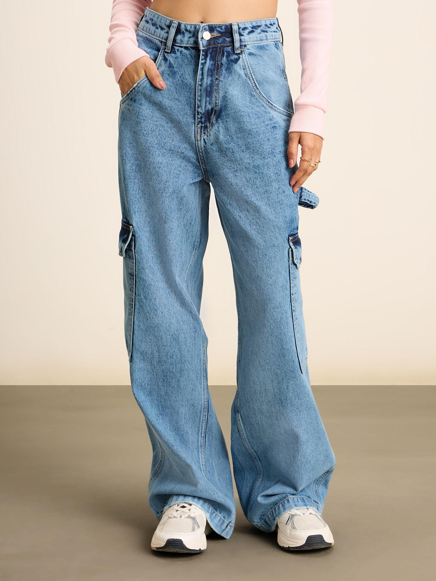 mid blue wide leg high waist loose fit denims