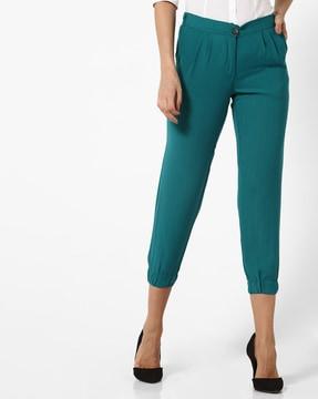 mid-calf length pleated trousers with insert pockets