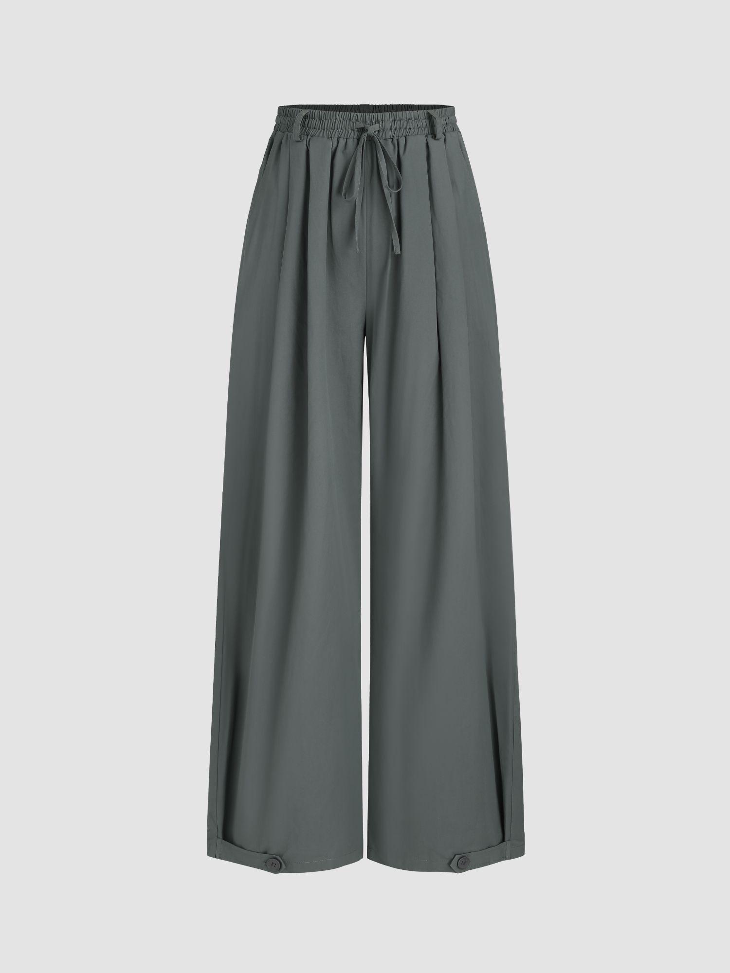 mid elastic waist solid wide leg trousers