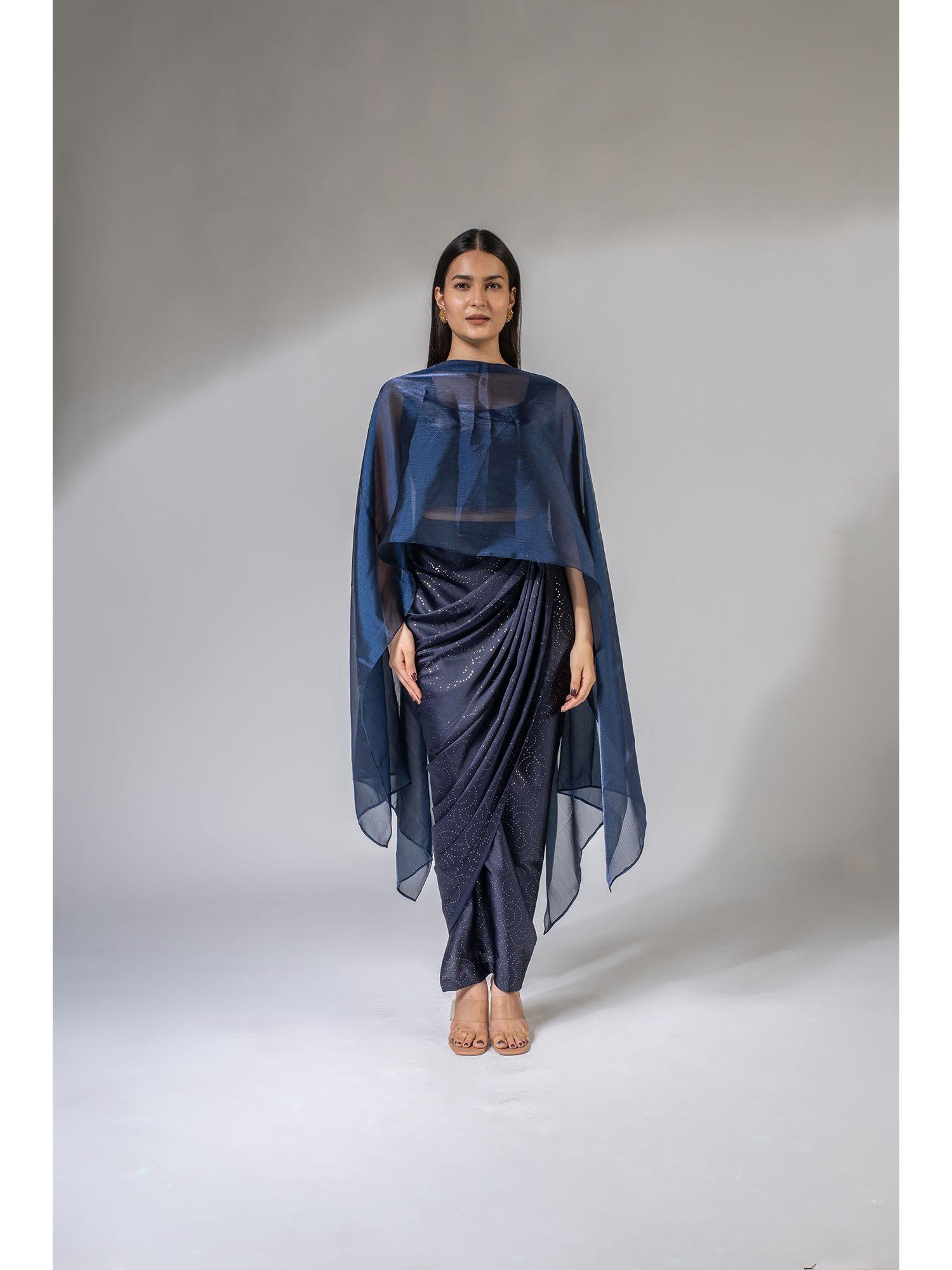 mid-night blue cape style indo-western festive co-ord (set of 3)