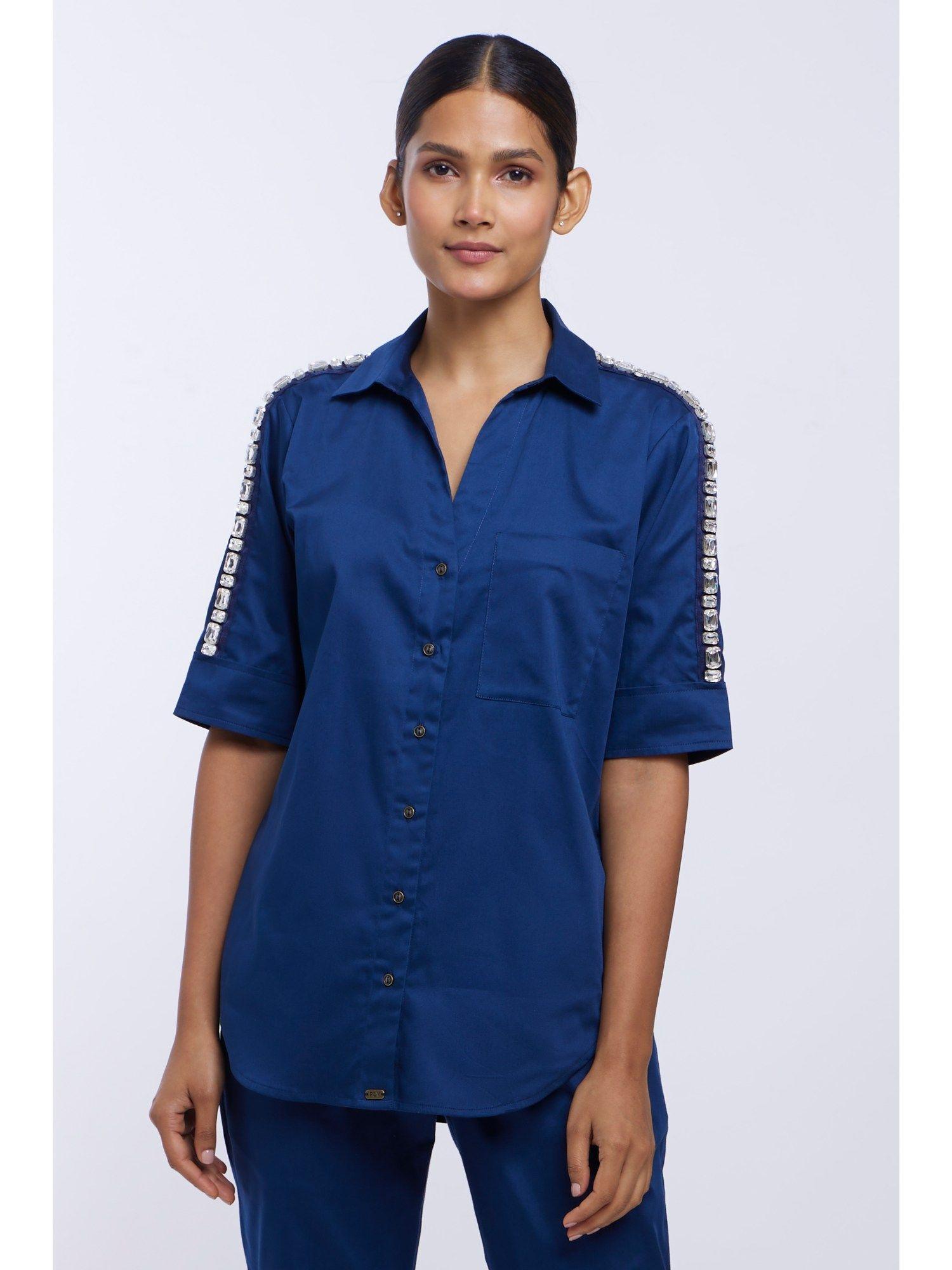 mid night blue solid rectangle swarovski ribbon shirt