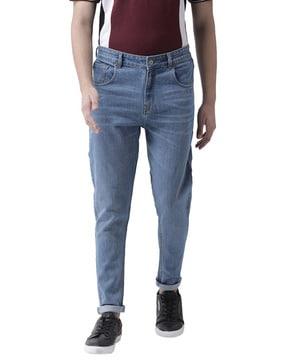 mid-rise lightly washed slim jeans
