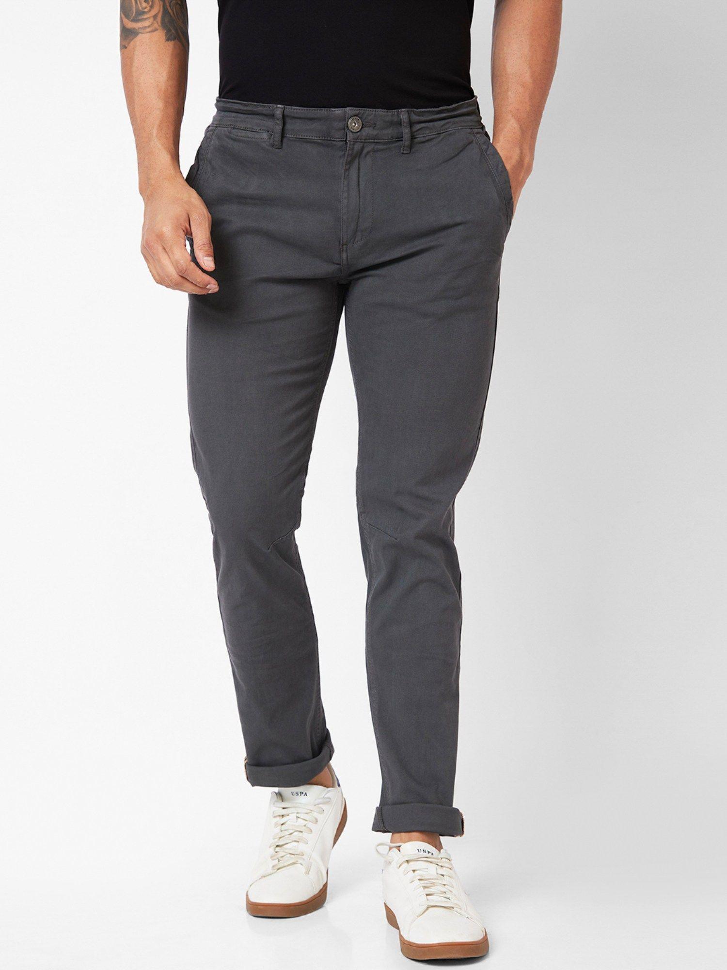 mid-rise regular fit grey trousers for men