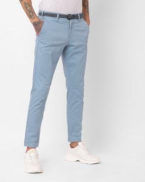 mid-rise slim fit cropped trousers with detachable belt
