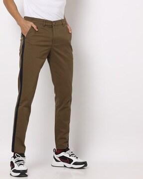 mid-rise slim fit flat-front chinos with contrast stripes