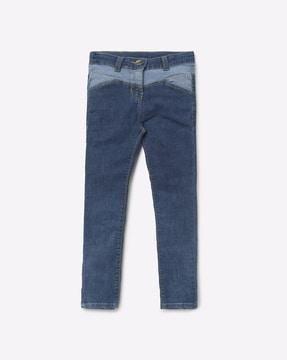 mid-rise washed slim fit jeans with contrast panel
