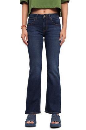 mid rise dark wash cotton tapered fit women's jeans - blue