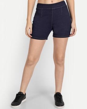 mid-rise denim shorts with elasticated waist