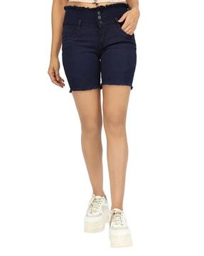 mid-rise denim shorts with fringes