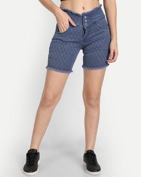 mid-rise denim shorts with fringes