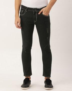 mid-rise distressed straight fit jeans