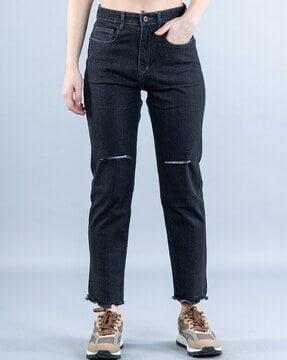 mid-rise distressed straight jeans