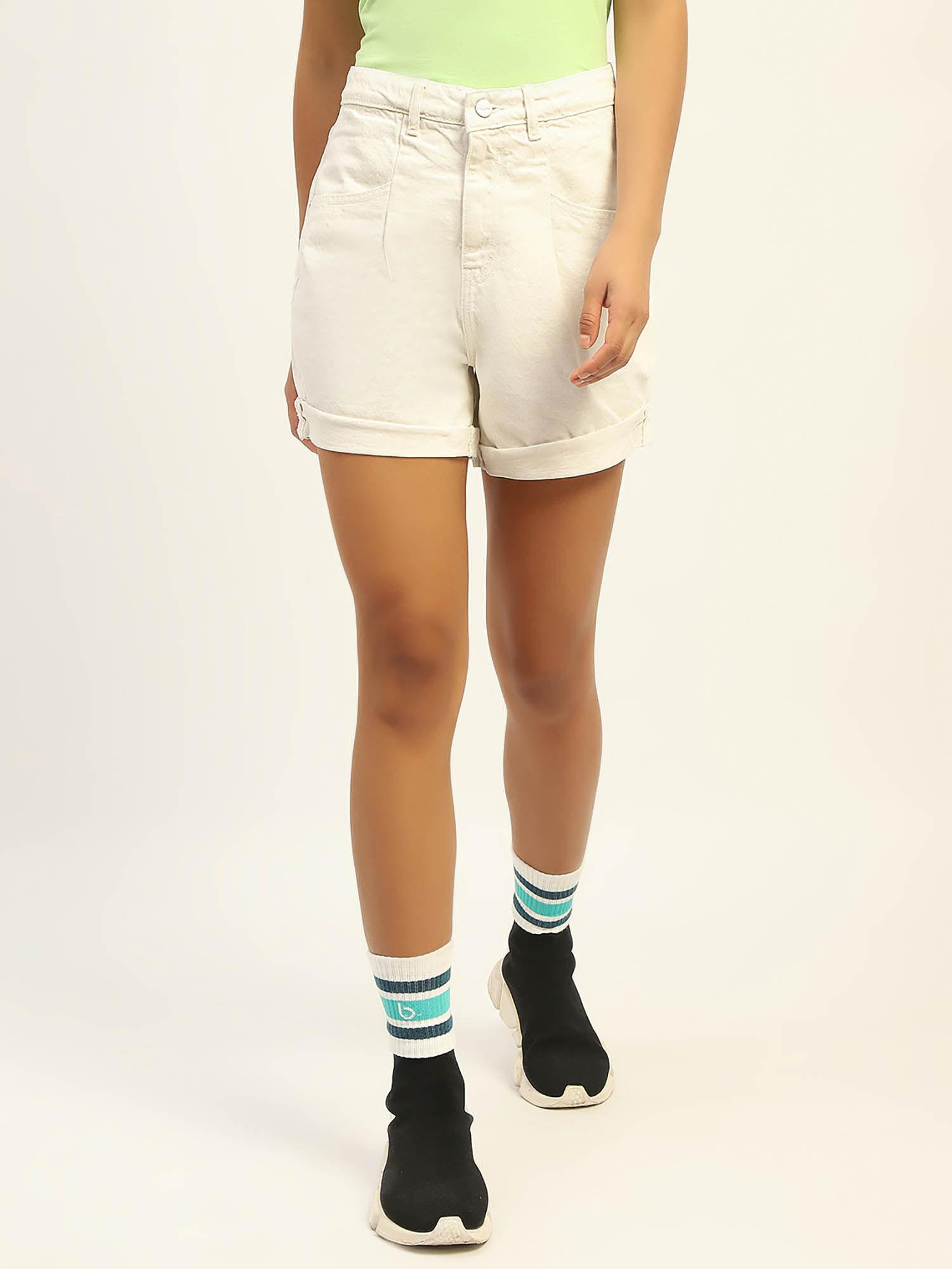 mid rise distressed white denim shorts