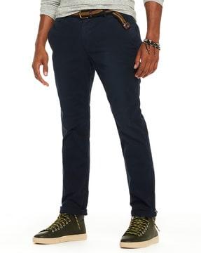 mid-rise flat front chinos with insert pockets