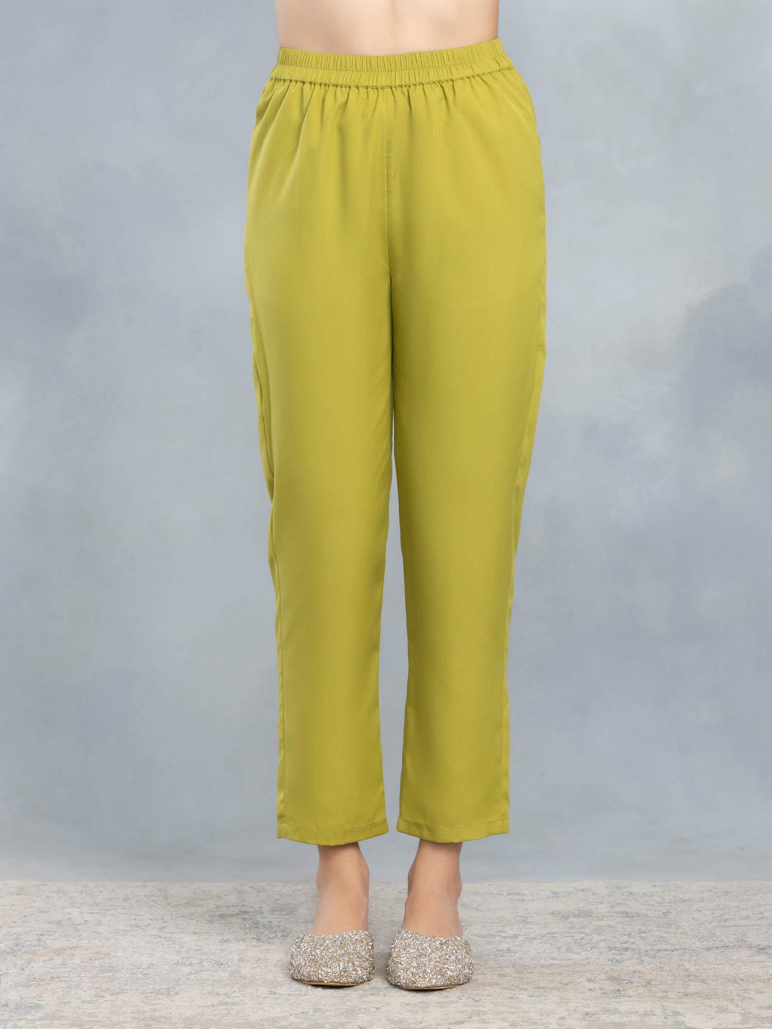 mid-rise lime green solid regular casual trousers for women