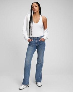 mid rise mid wash flared fit with stretch jeans