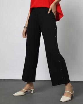 mid-rise palazzos with button accents