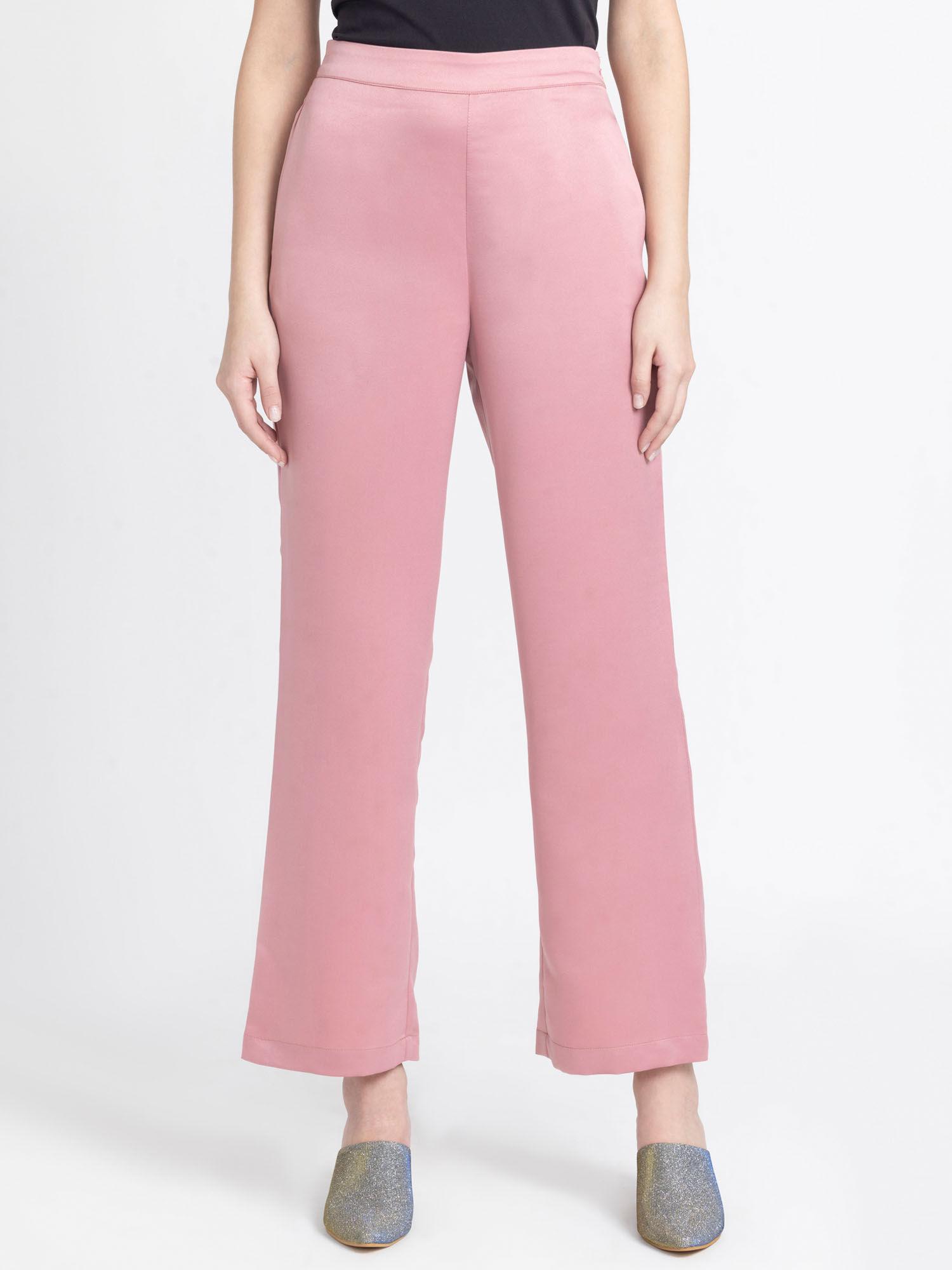 mid-rise pink solid slim fit casual trousers for women