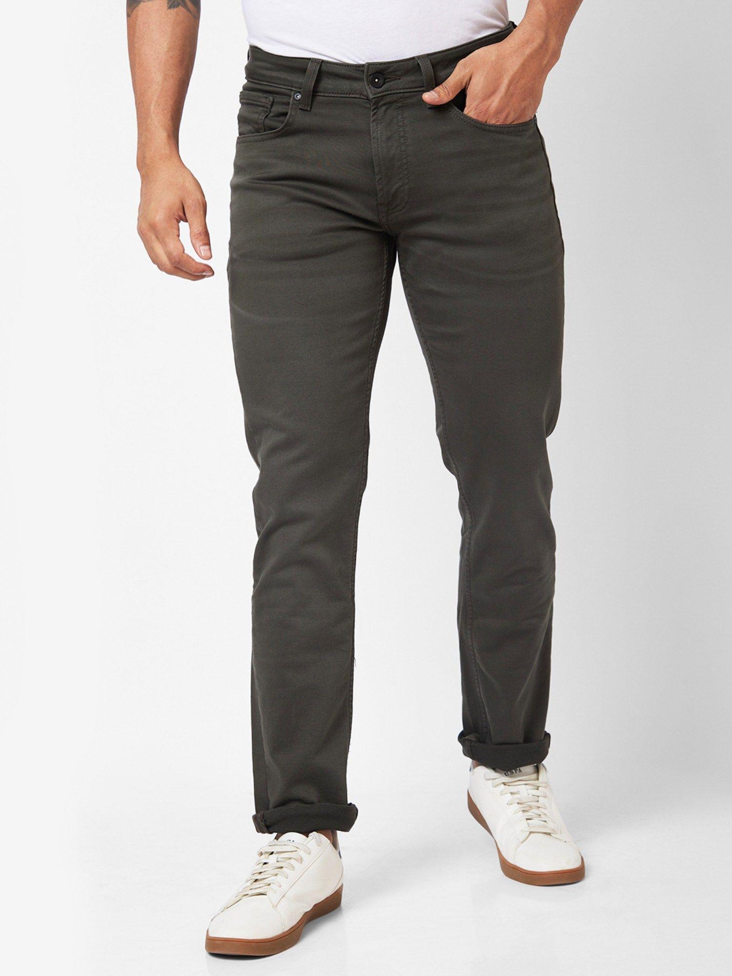 mid-rise regular fit green jeans for men