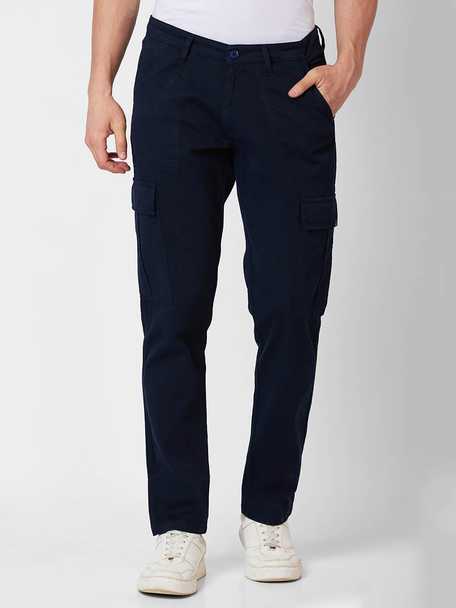 mid rise regular fit navy blue cargo for men