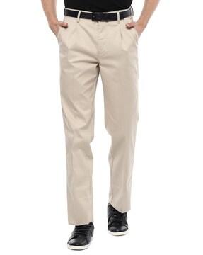 mid-rise regular fit pleated trousers