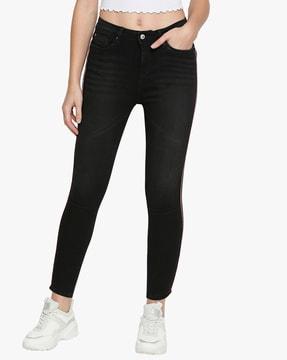 mid-rise skinny fit jeans with contrast side taping