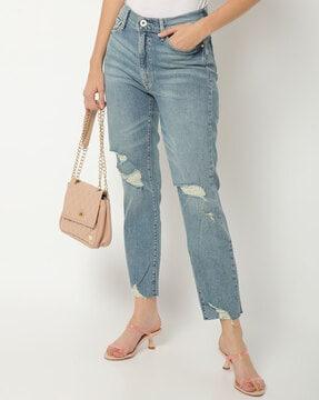 mid-rise slim fit distressed jeans