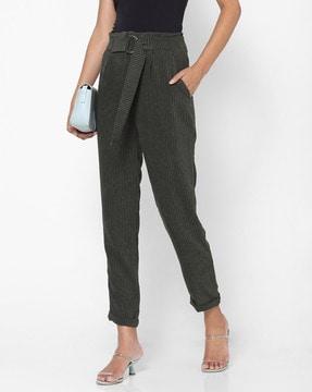 mid-rise slim fit striped culottes with detachable fabric belt