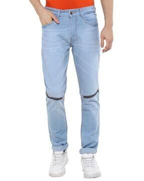 mid-rise slim jeans with knee slit