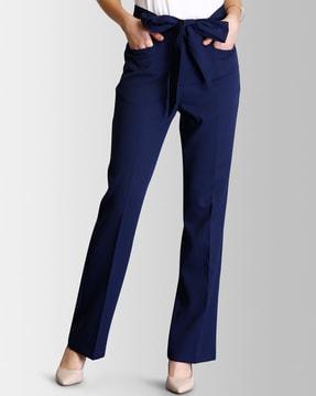 mid-rise straight fit trousers with tie-up