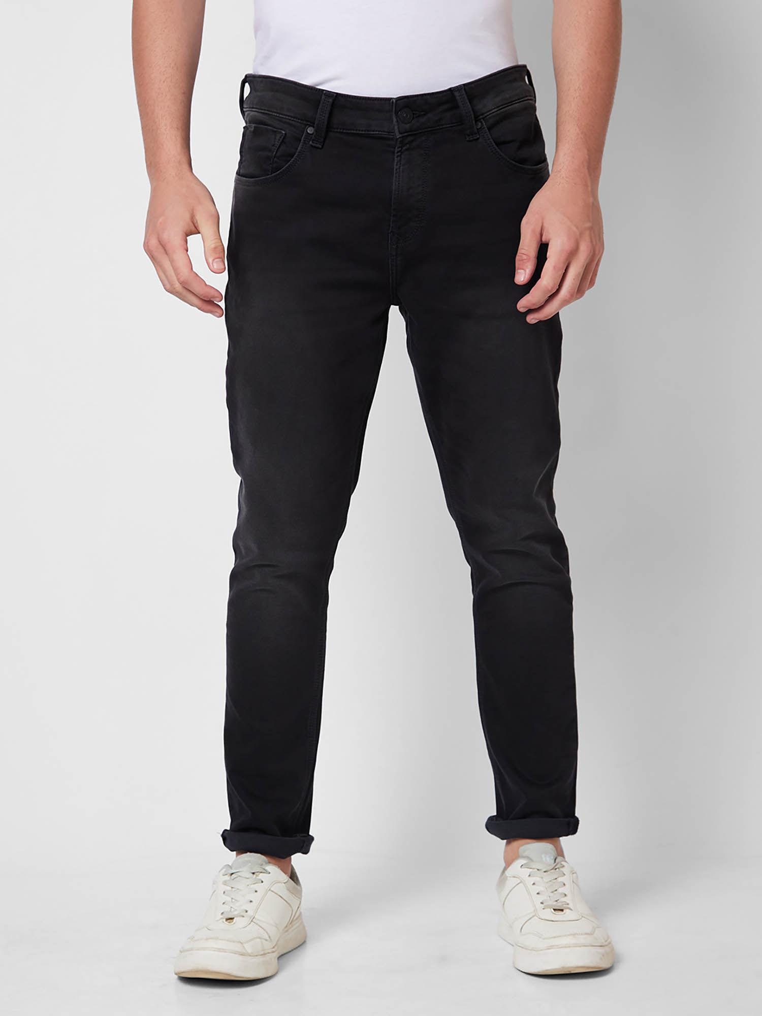 mid rise tapered fit black jeans for men