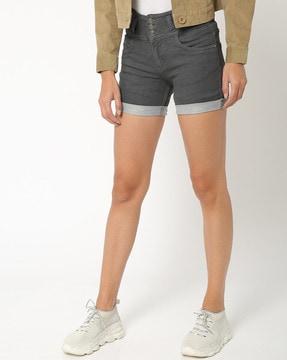 mid-rise washed denim shorts with upturned hems