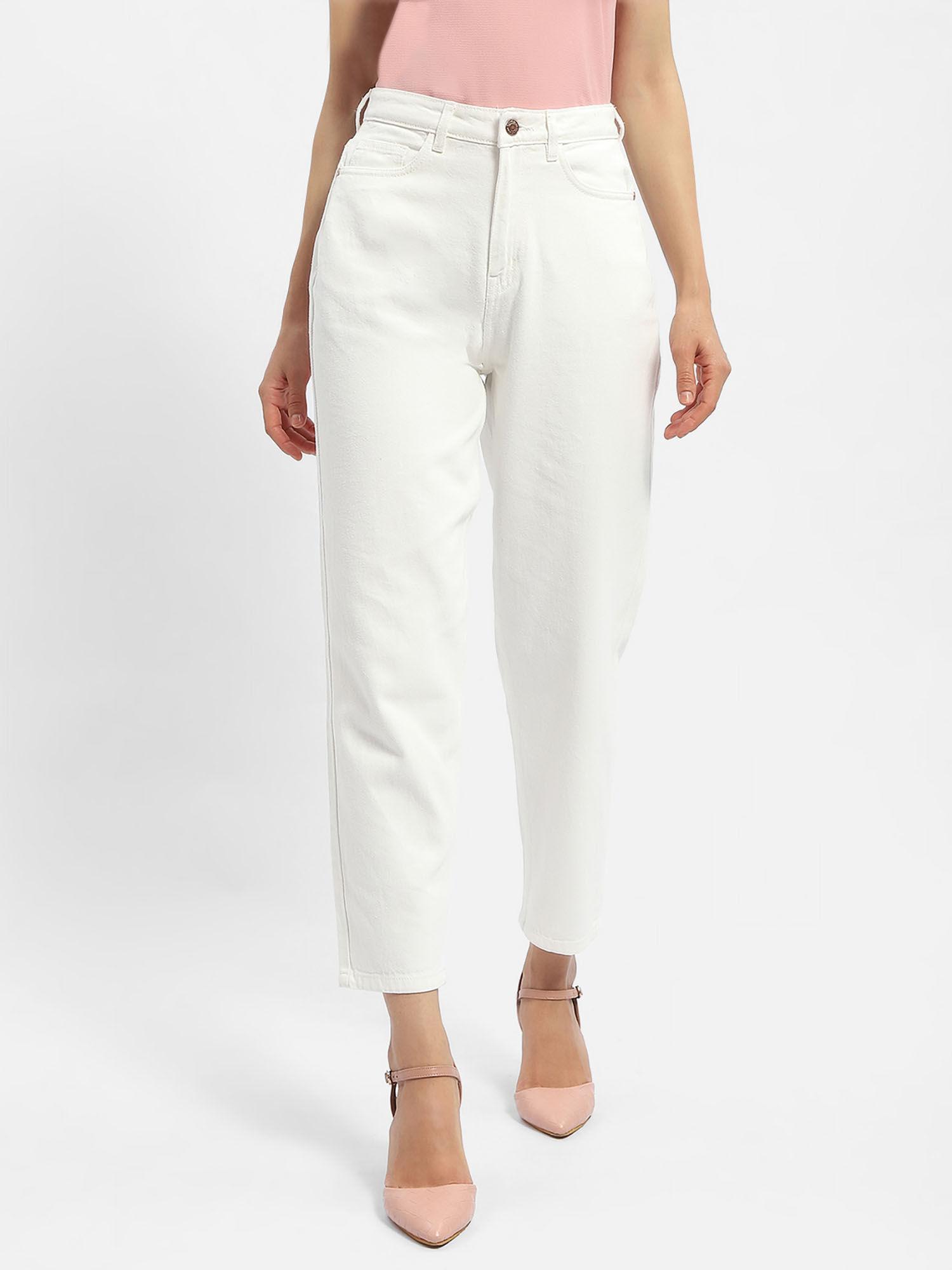 mid rise white mom fit jeans