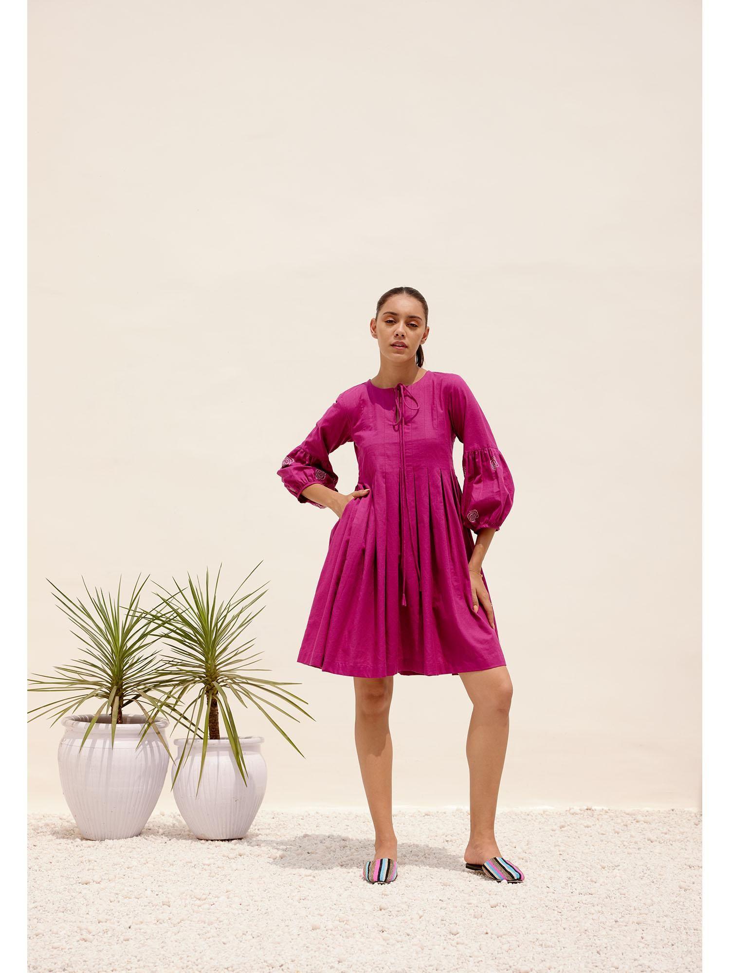 mid summer embroidered round neck magenta dress