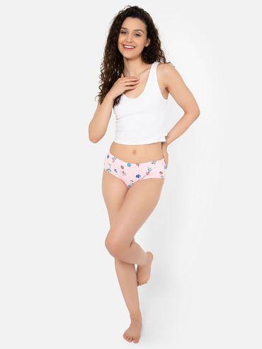 mid waist floral print hipster panty in baby pink with inner elastic - cotton